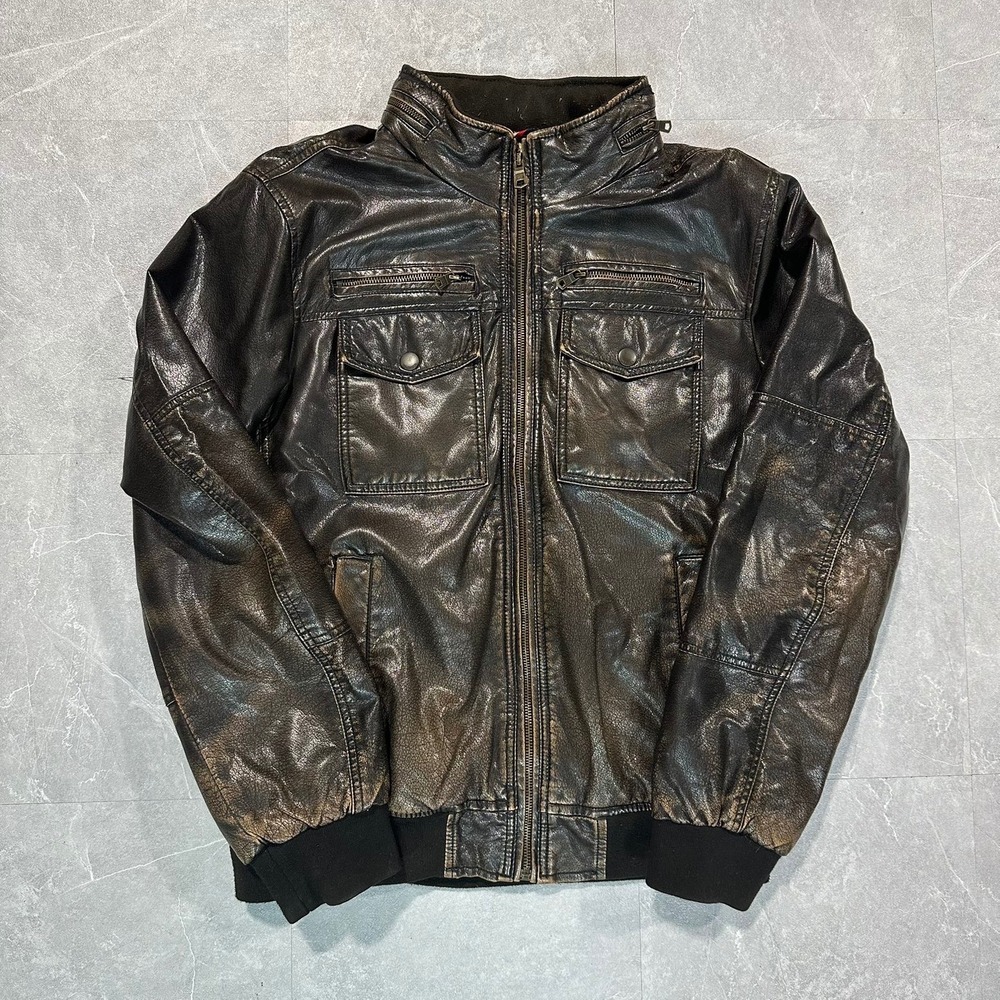 Tommy Hilfiger Mens Distressed Brown Faux Leather Sherpa Lined Bomber Jacket M